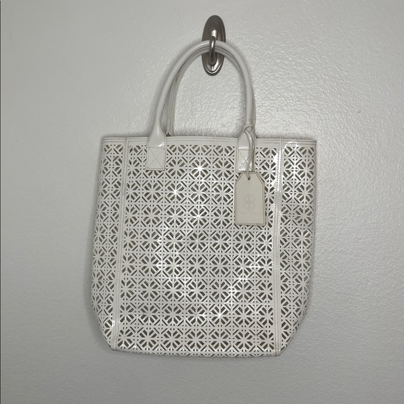 Tory Burch Perforated Patent Tote White Bag - Picture 1 of 9
